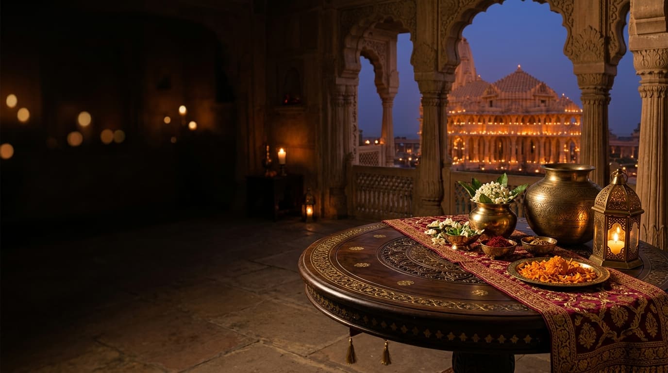 Carved stone arches opening onto a temple glowing at dusk