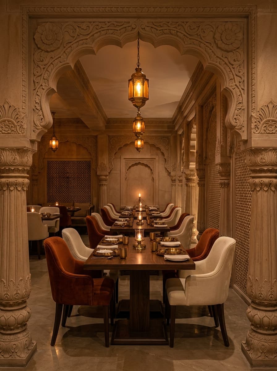 Dining hall with carved arches, brass lanterns and set wooden tables