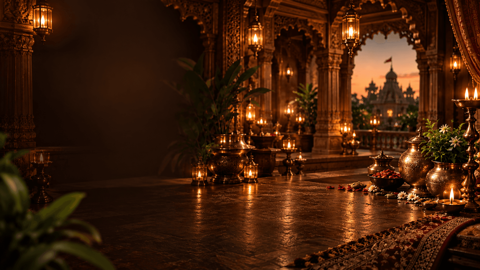 A heritage dining hall with carved pillars, brass lamps and warm candlelight
