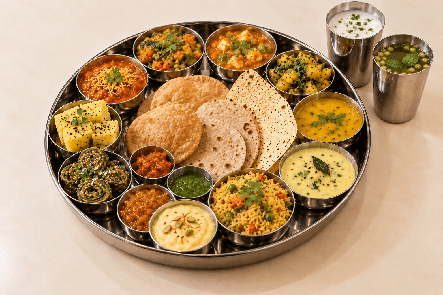 A complete Gujarati thali in a brass kansa plate