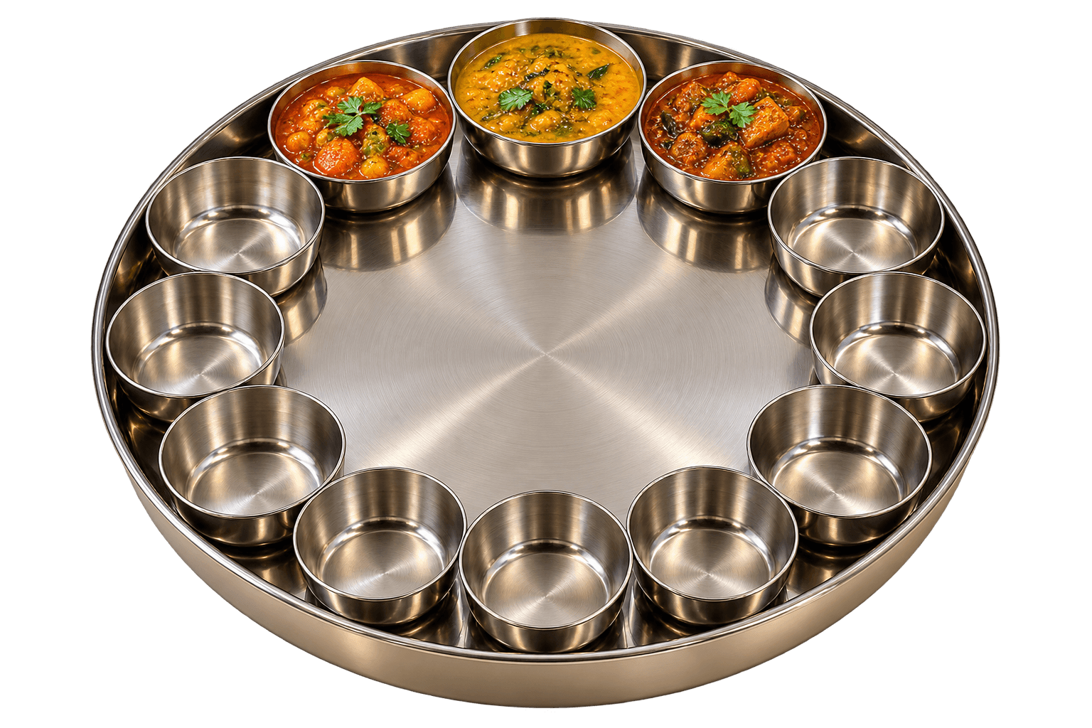 A steel Gujarati thali with three gravy sabzis served in the top katoris; the other bowls wait empty