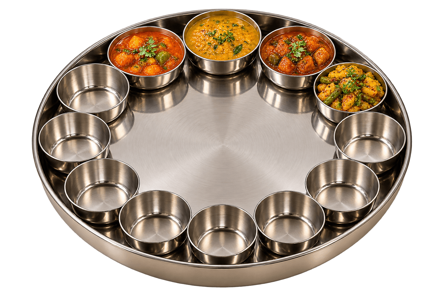 The thali with three gravy sabzis and a dry sabzi