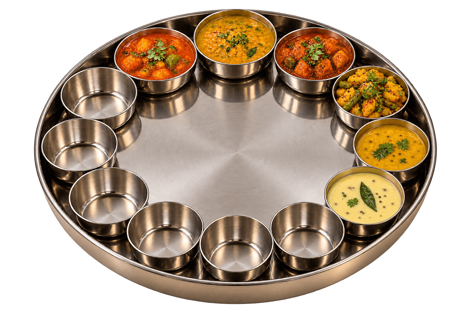 The thali with sabzis, yellow dal and Gujarati kadhi added