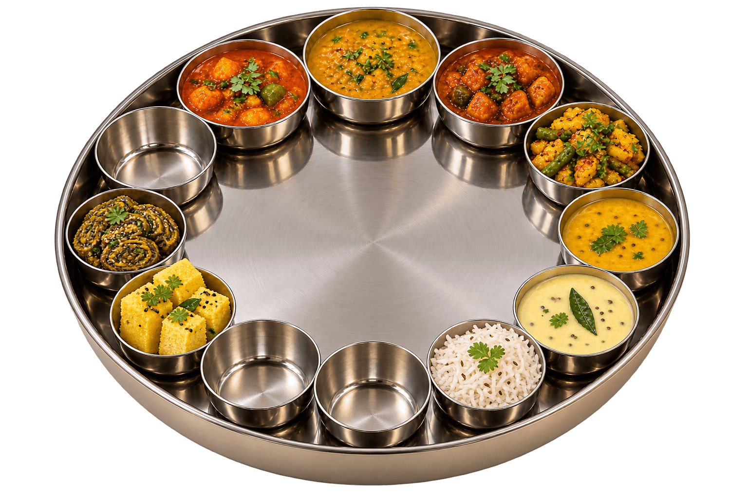 The thali with sabzis, dal, kadhi, a bowl of steamed rice, dhokla and patra