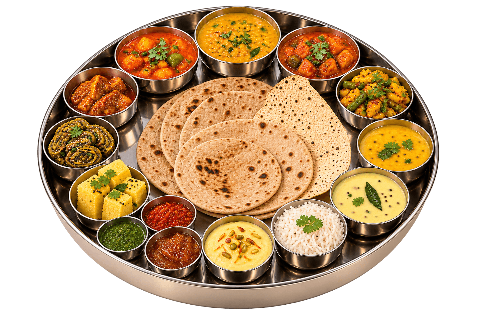 The thali with rotis, papad, chutneys, a sweet and every katori filled